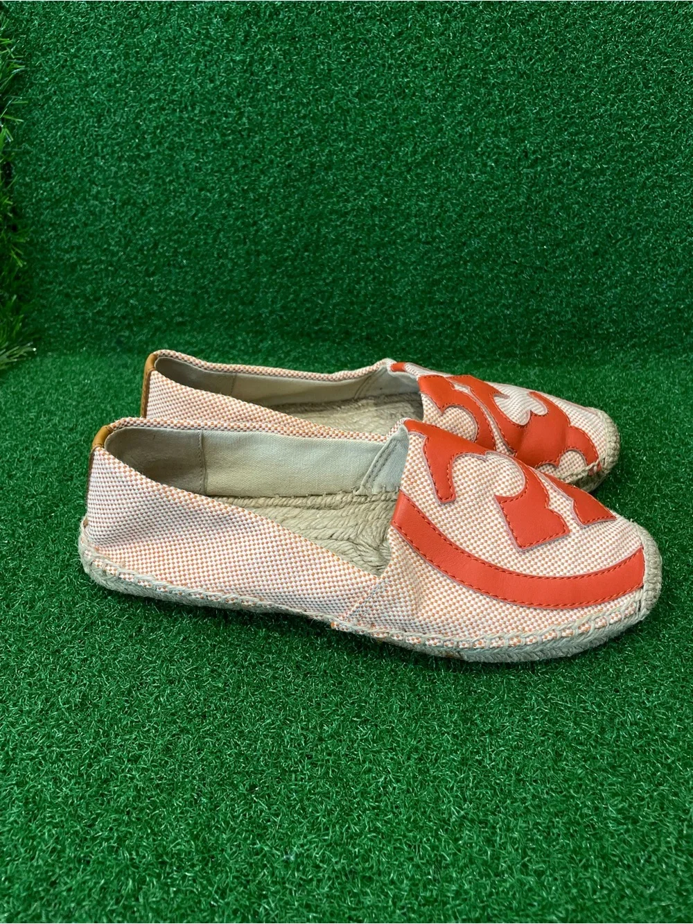 Tory Burch Lonnie Espadrilles Flats Big Logo Canvas Leather Orange Sz 7 Women’s
